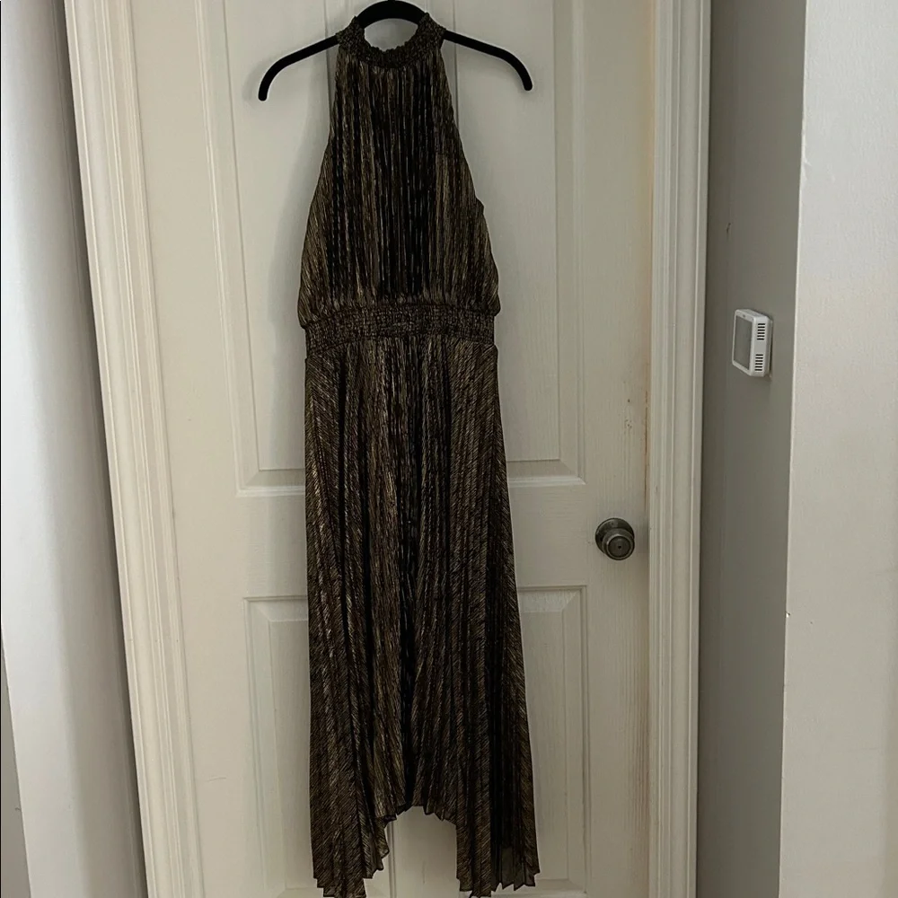 white house black market gold dress Cowl Neck Sequin Midi Dress